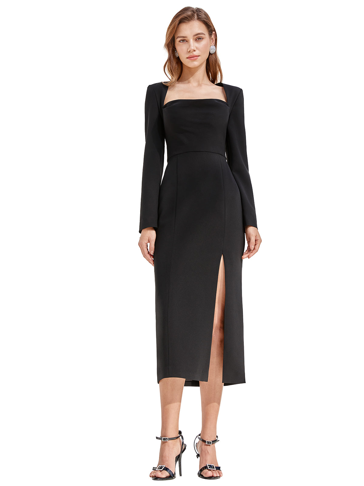 Cowl Collar Side Slit Midi Dress