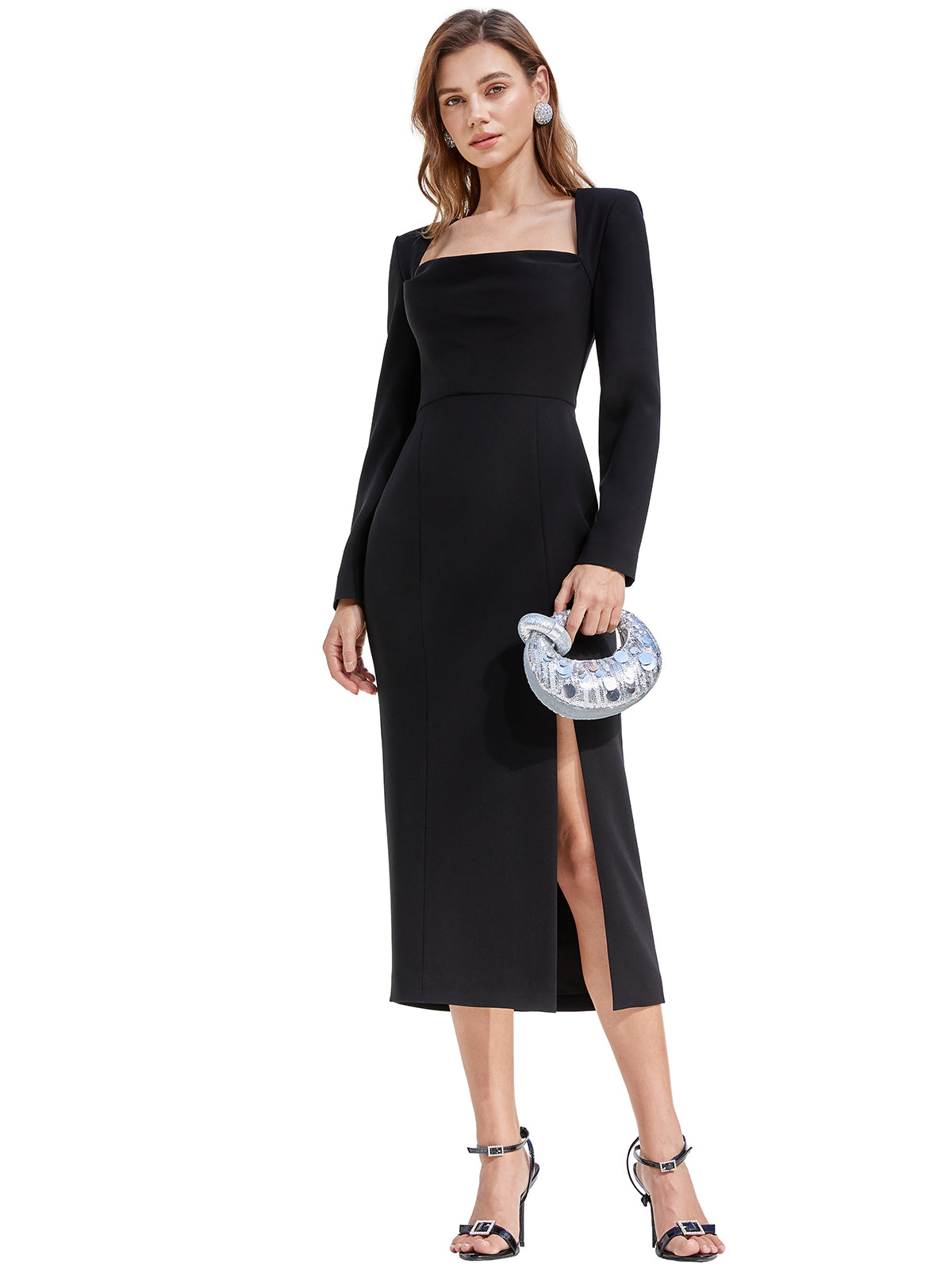 Cowl Collar Side Slit Midi Dress