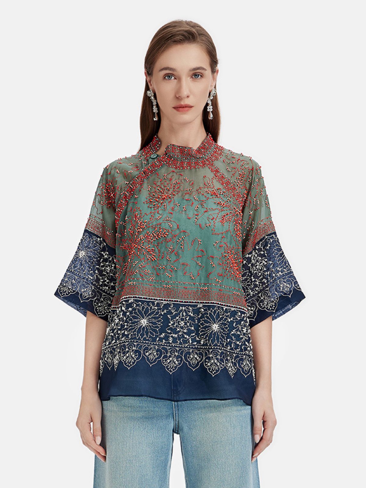 Mulberry Silk Beaded Color-Block Blouse