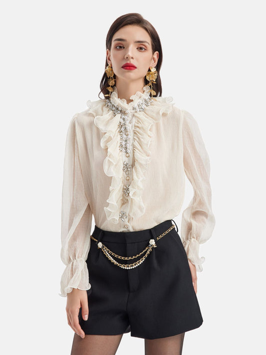 Ruffled Stand Collar Beaded Shirt