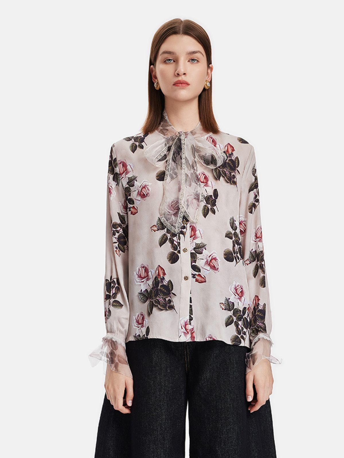 Rose Print Lace Collar Tie Shirt