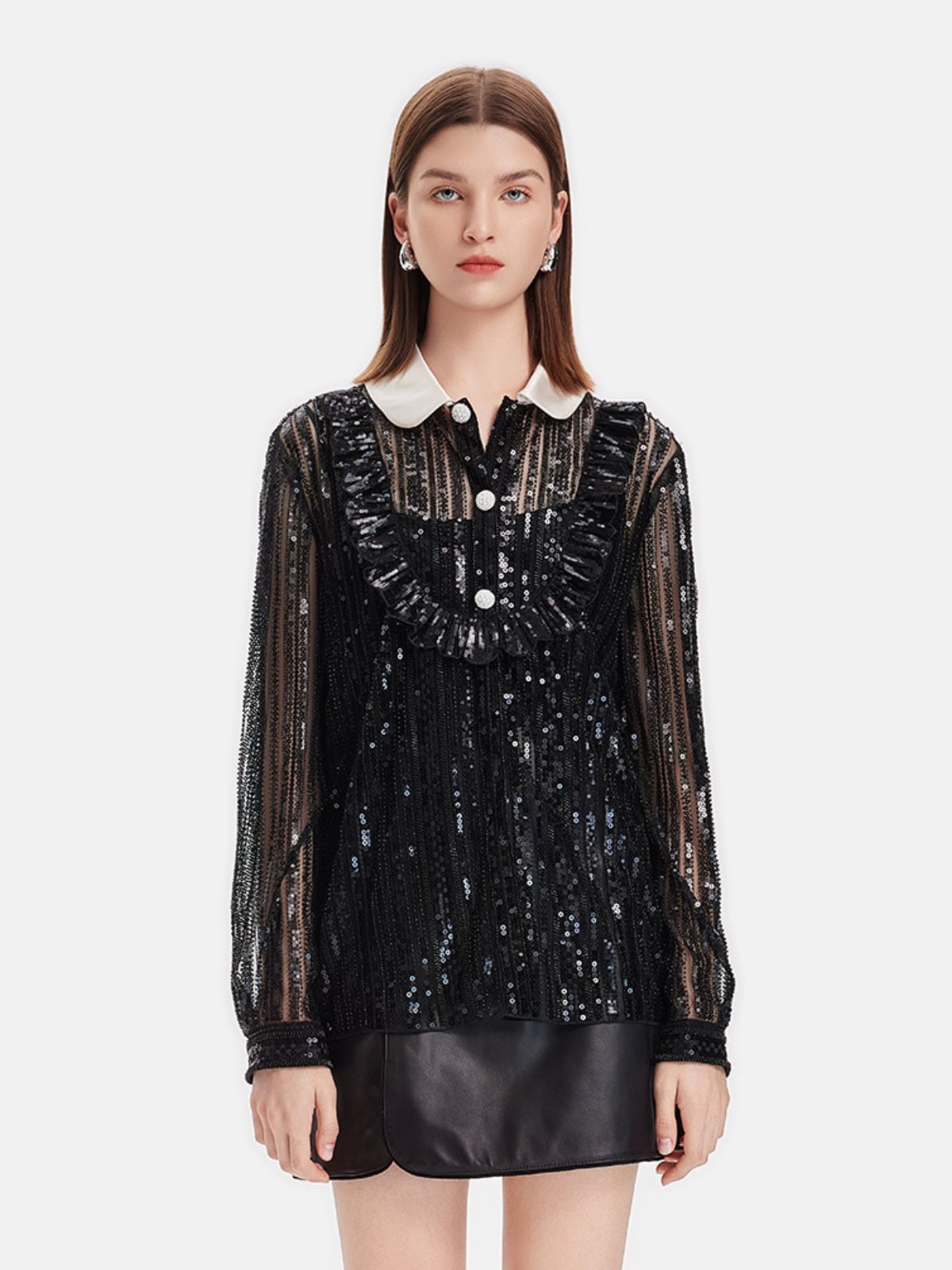 Sequined Ruffled Collar Shirt