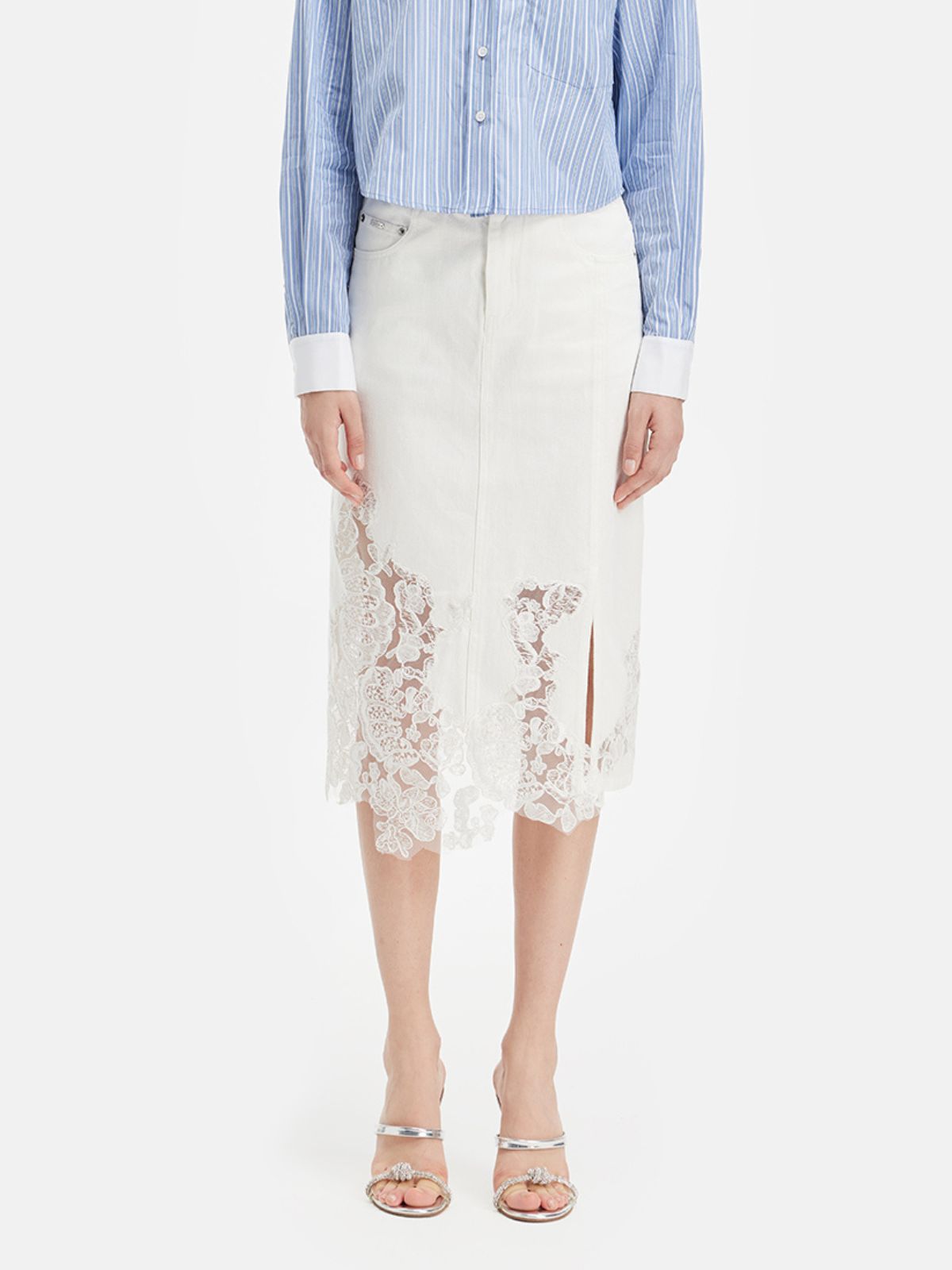 Lace Embroidery Patchwork Denim Midi Skirt