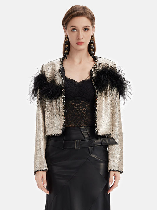 Ostrich Feather Embroidered Beaded Sequined Jacket