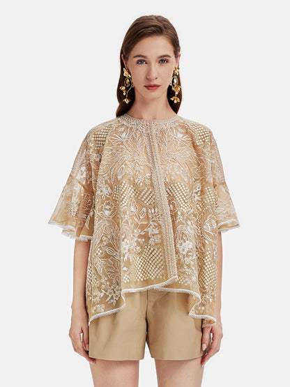 Mulberry Silk Embroidered Beaded Luxe Blouse