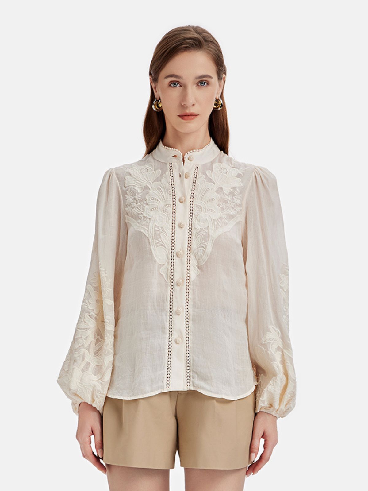 Linen Embroidered Stand Collar Shirt