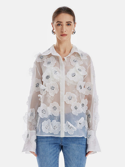 Sheer 3D Floral Sequined Shirt