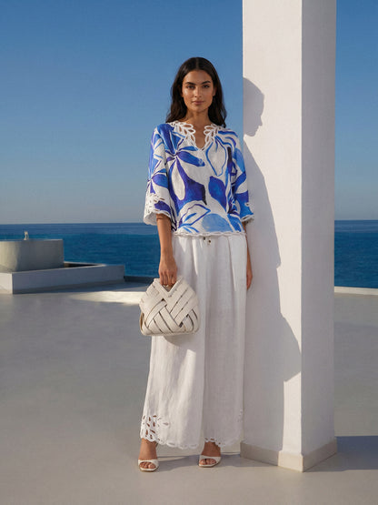 Linen Cutout Embroidered Straight-Leg Pants