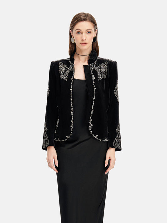 Beaded Velvet Stand Collar Jacket