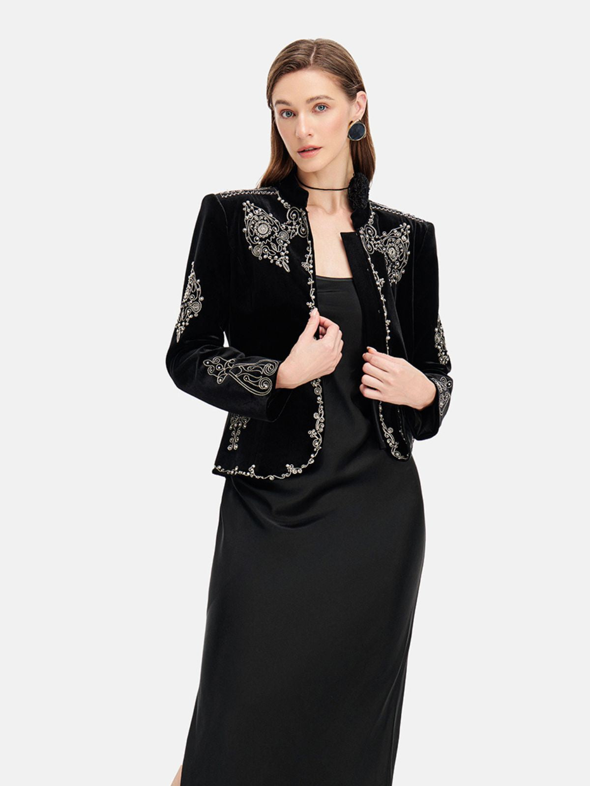 Beaded Velvet Stand Collar Jacket