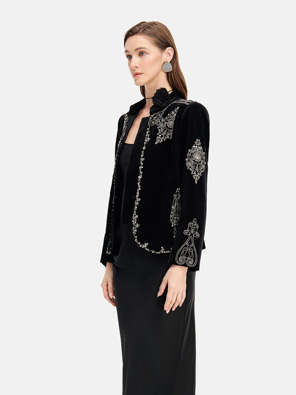 Beaded Velvet Stand Collar Jacket