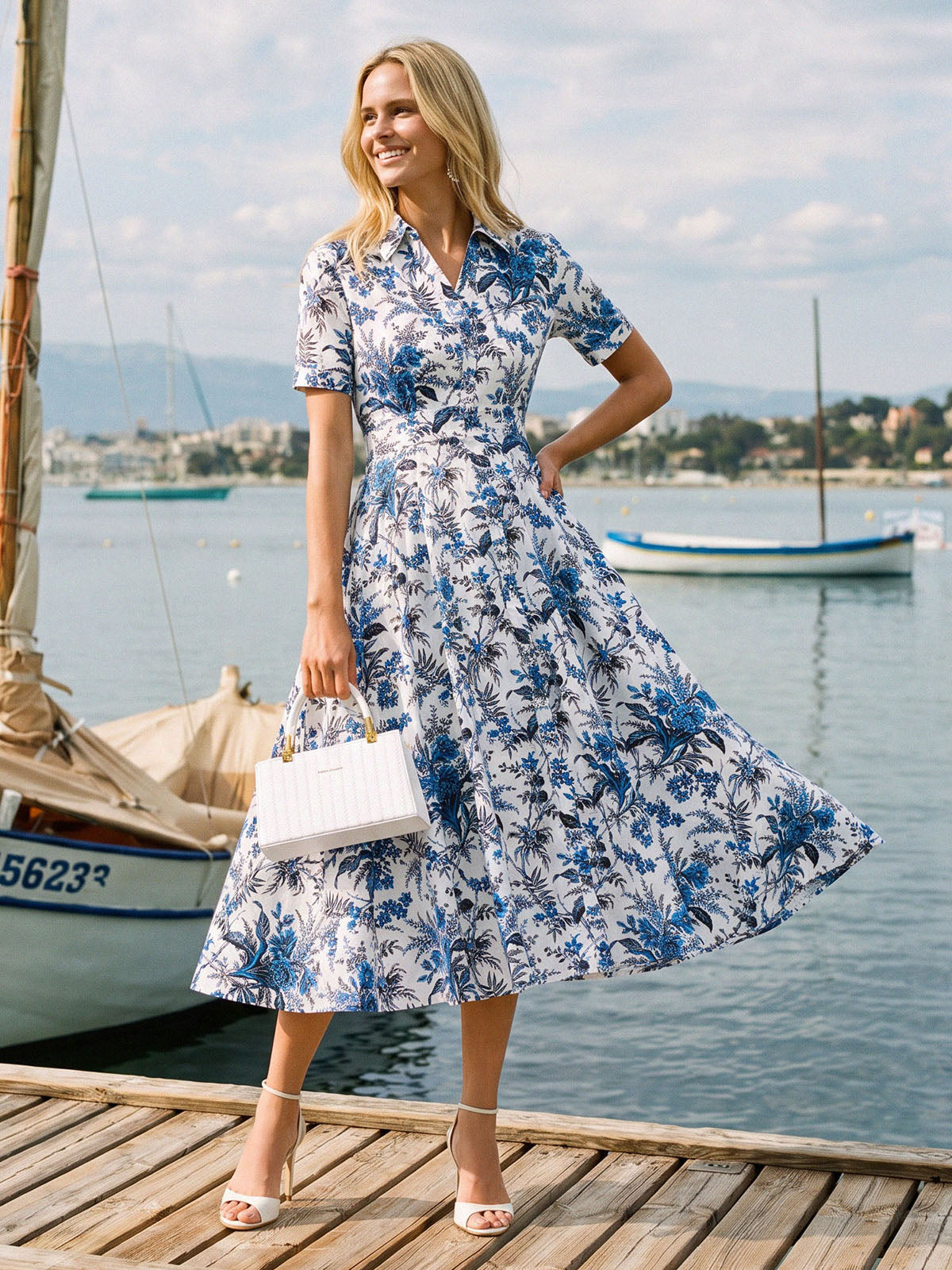 100% Cotton Collared High-Waisted Print Dress