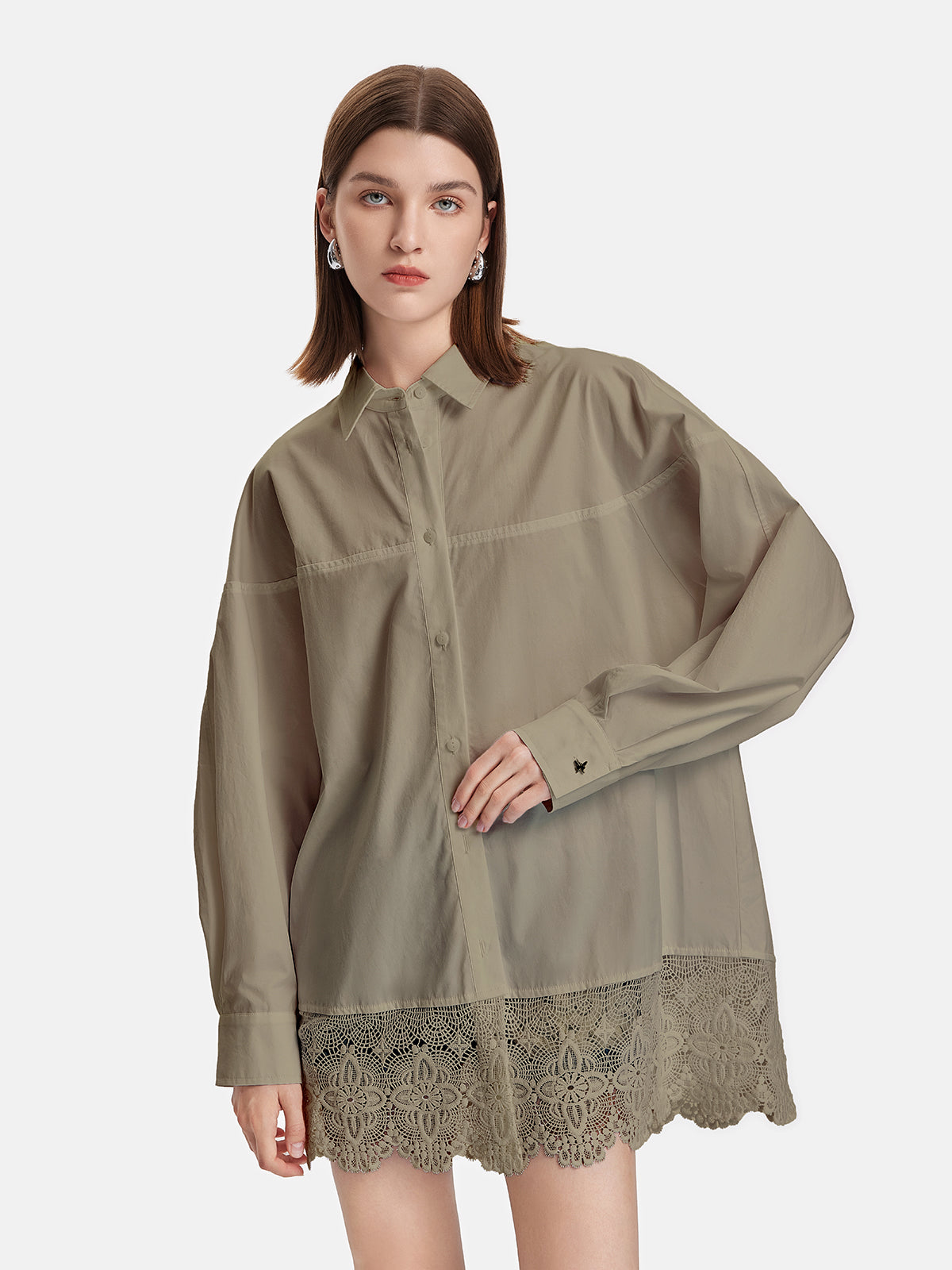 Lace Trim Oversized Long Shirt