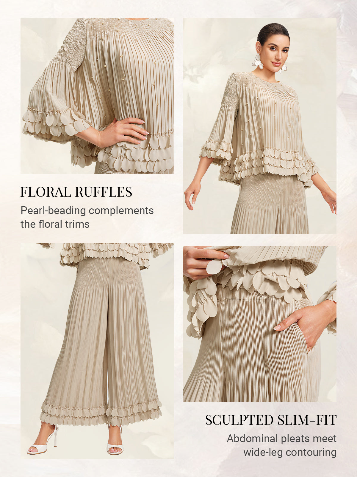 Hand-Stitched Floral Beaded Pleated Set