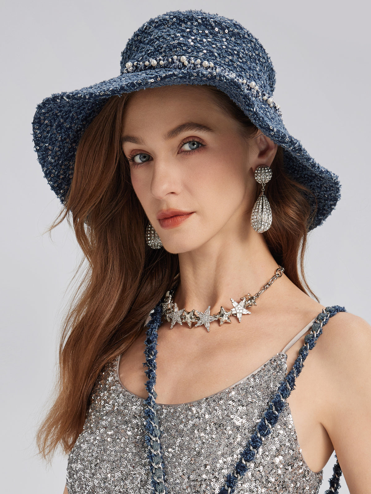 Hand-Beaded Sequin Tweed Beaded Hat