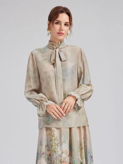 Impressionist Floral Silk Tie-Neck Blouse