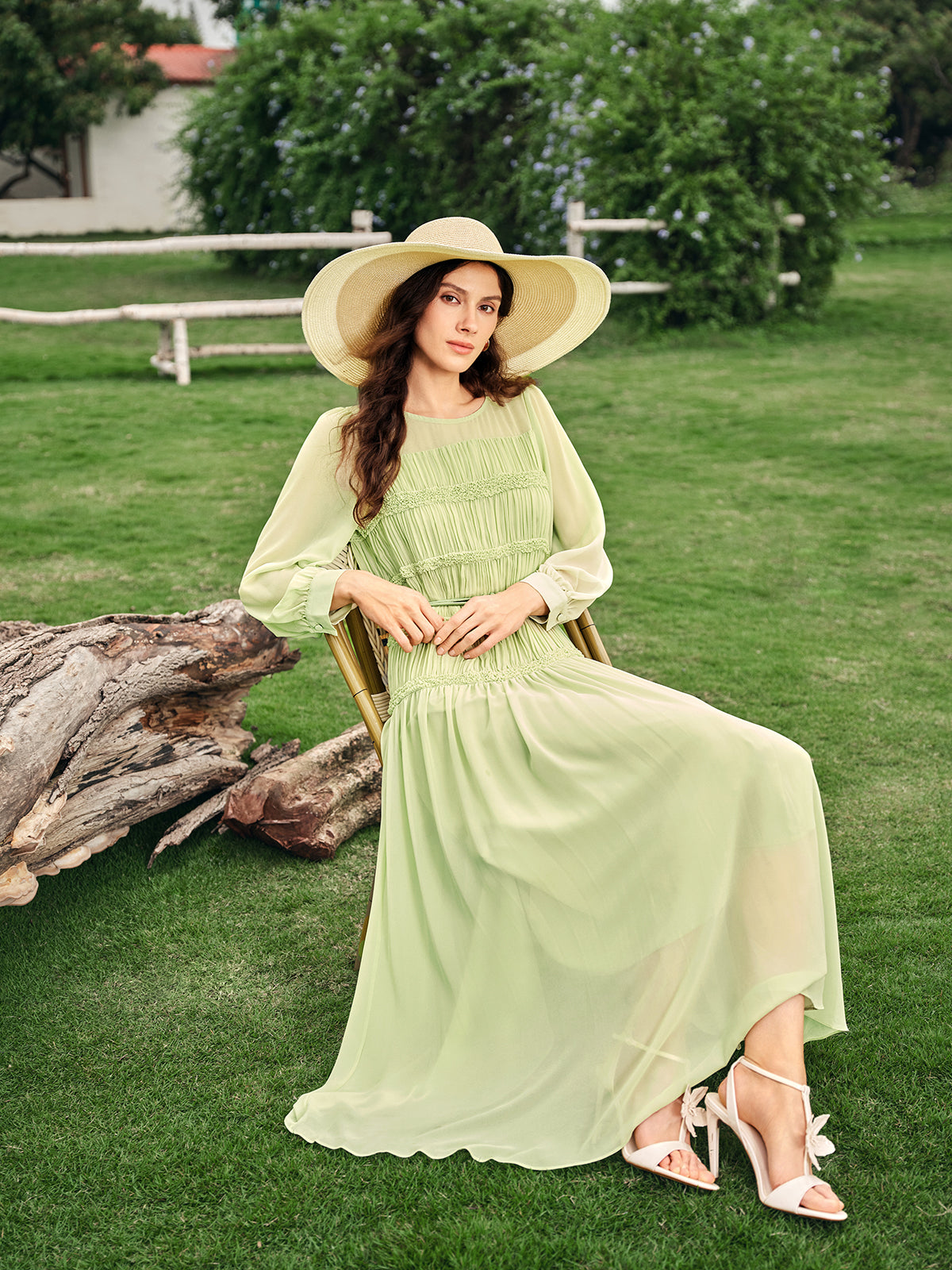 Women's Smocked Pleated Light Green Spring Summer Maxi Dress, Light Green / M