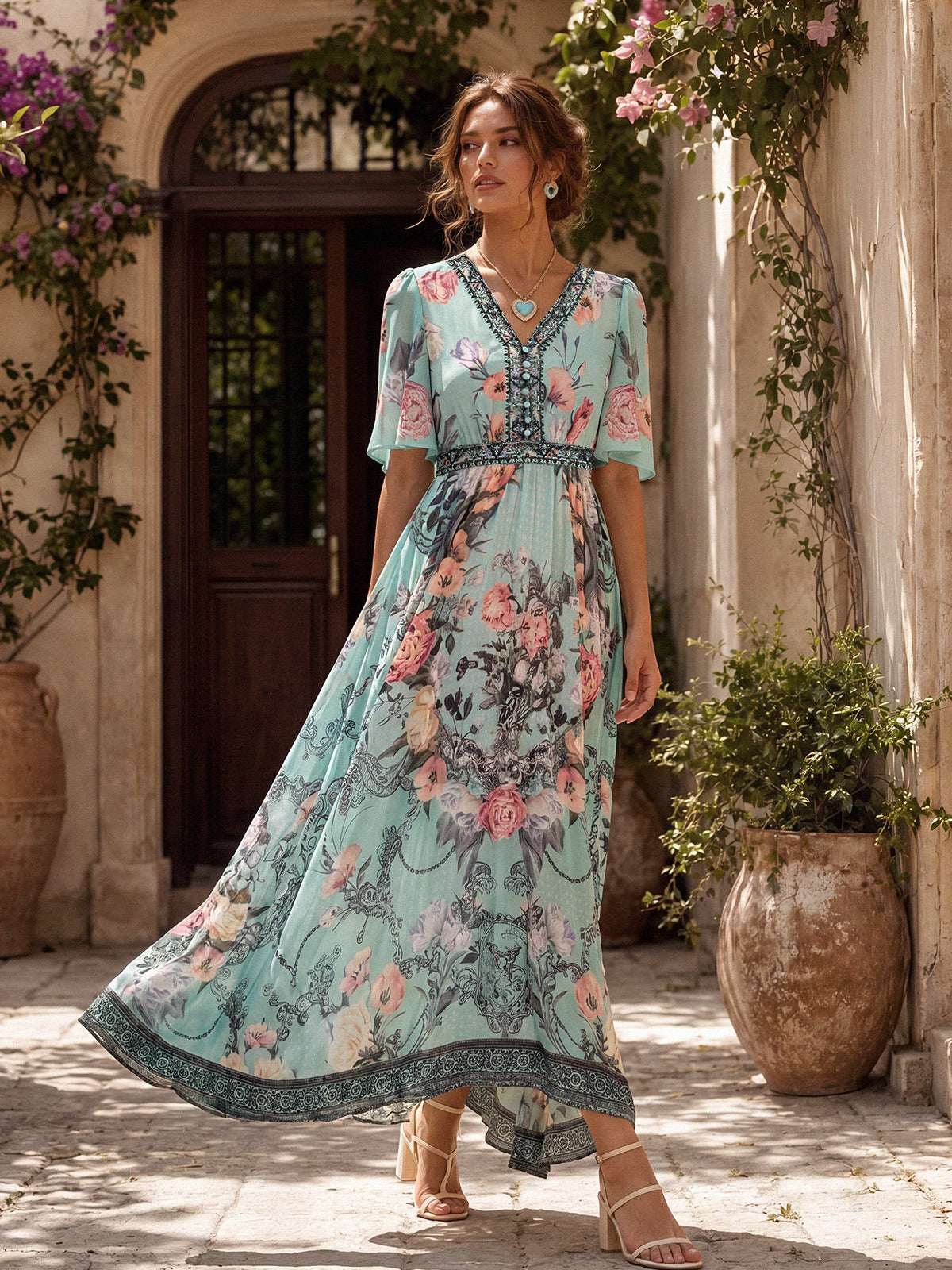 100% Silk Printed Flared-Sleeve Resort Maxi Dress