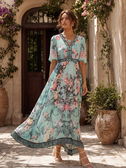100% Silk Printed Flared-Sleeve Resort Maxi Dress