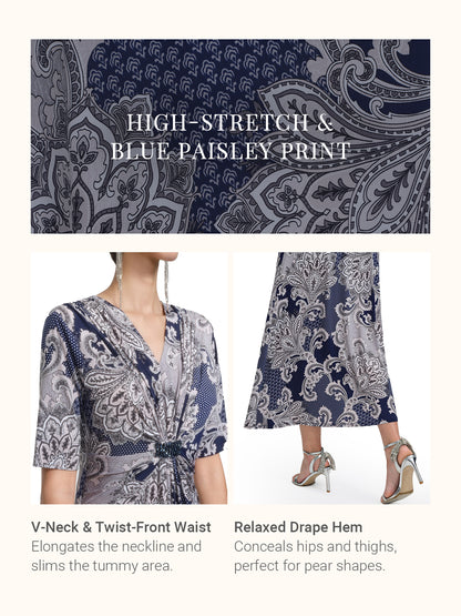 Paisley Print Twist Waist V-Neck Dress