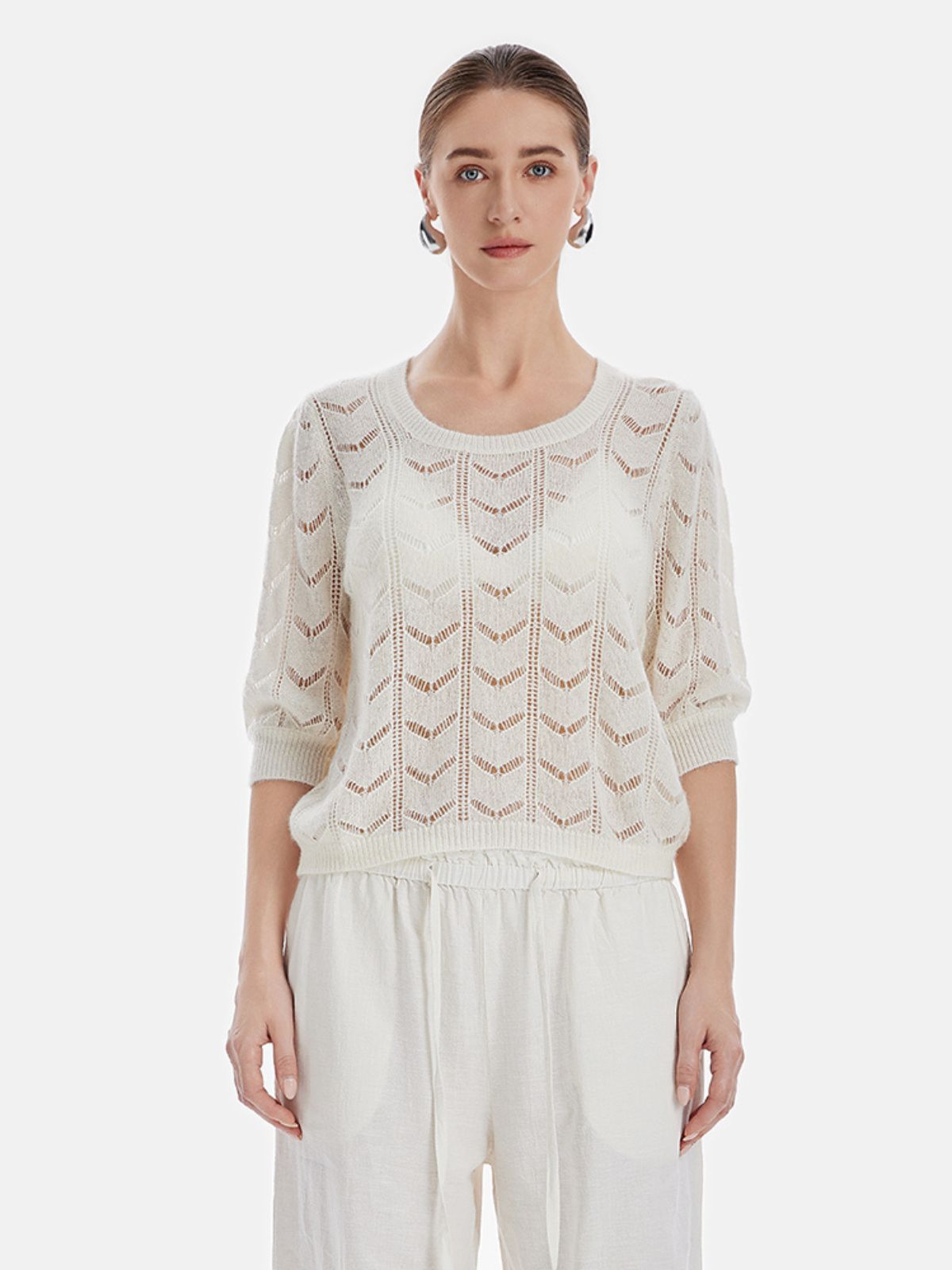 Round-Neck Hollow Out Crochet Loose Pullover