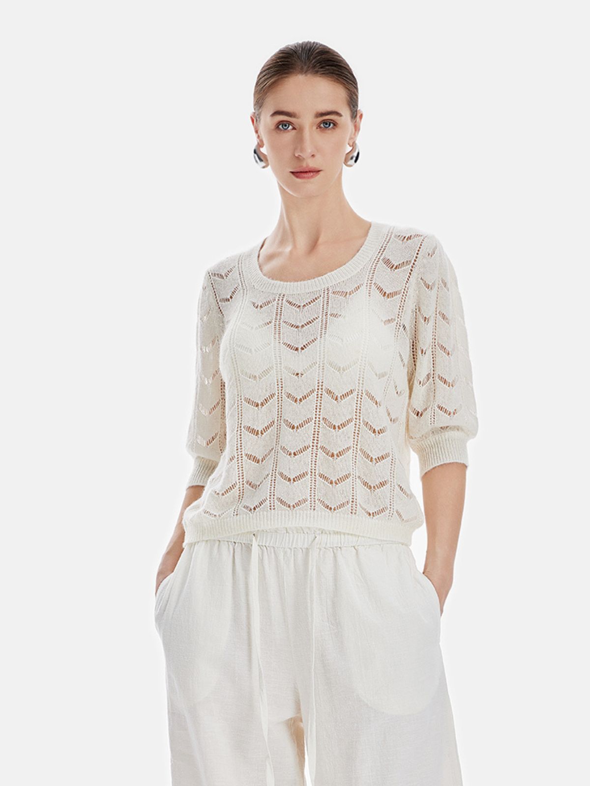 Round-Neck Hollow Out Crochet Loose Pullover