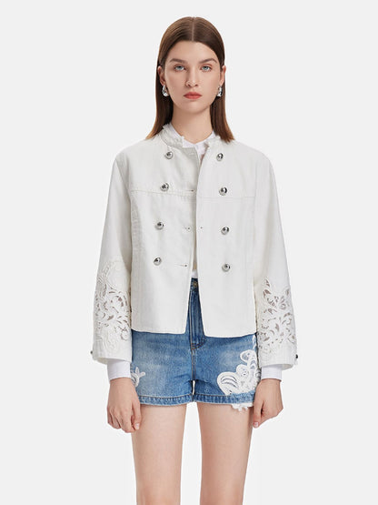 Regal Embroidered High-Collar Denim Jacket