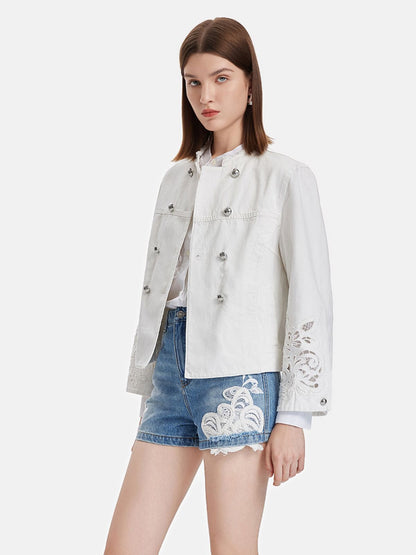 Regal Embroidered High-Collar Denim Jacket