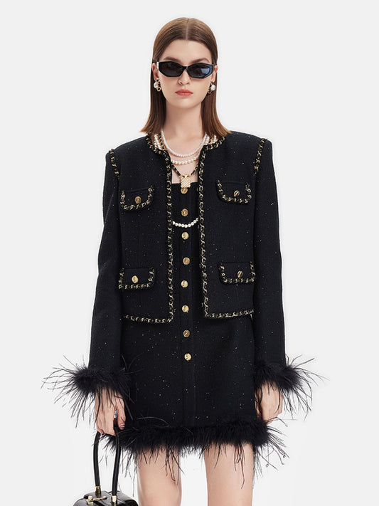 Wool Feather-Trimmed Sequin Coat