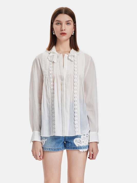 Pleated Ruffle Hollow Embroidery Shirt