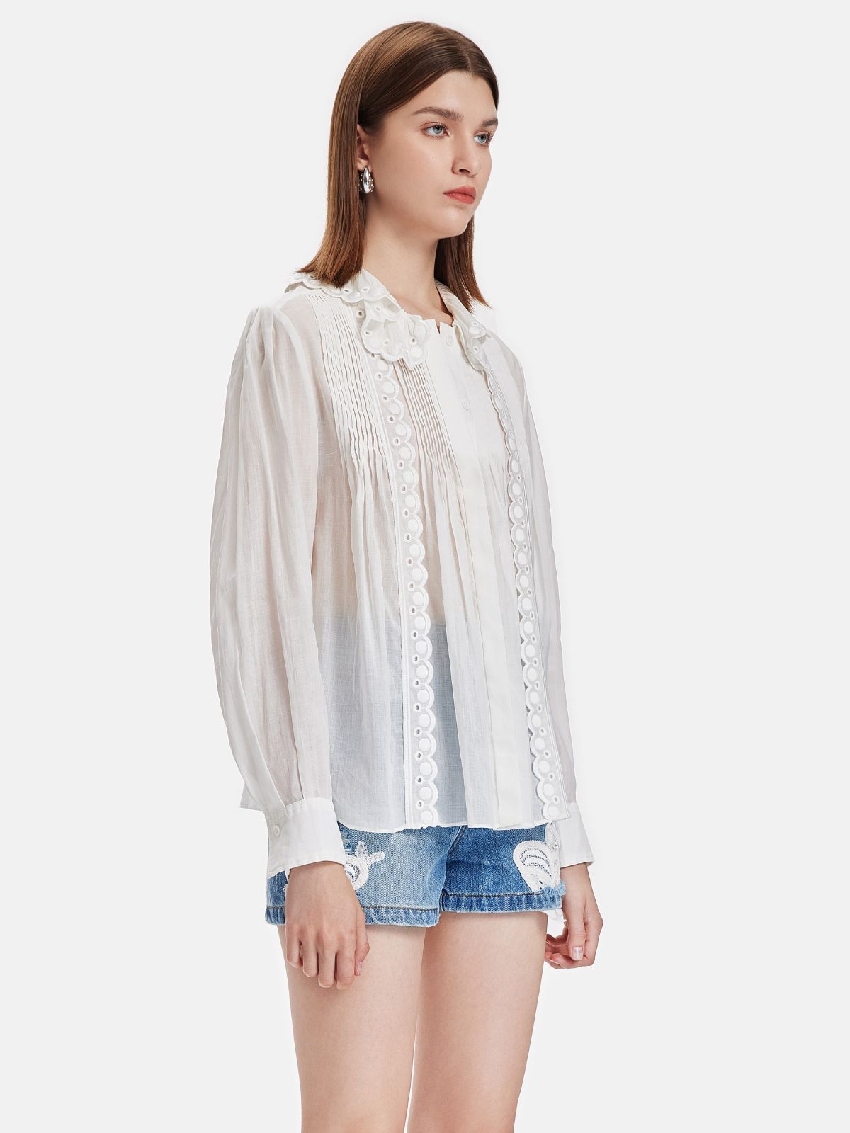 Pleated Ruffle Hollow Embroidery Shirt