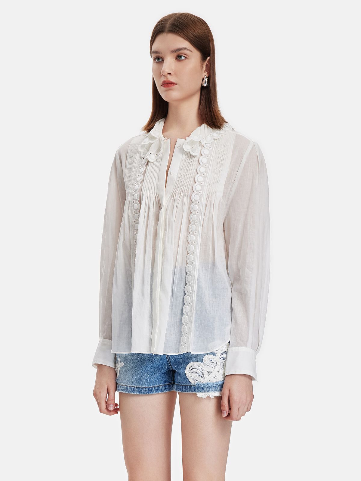 Pleated Ruffle Hollow Embroidery Shirt