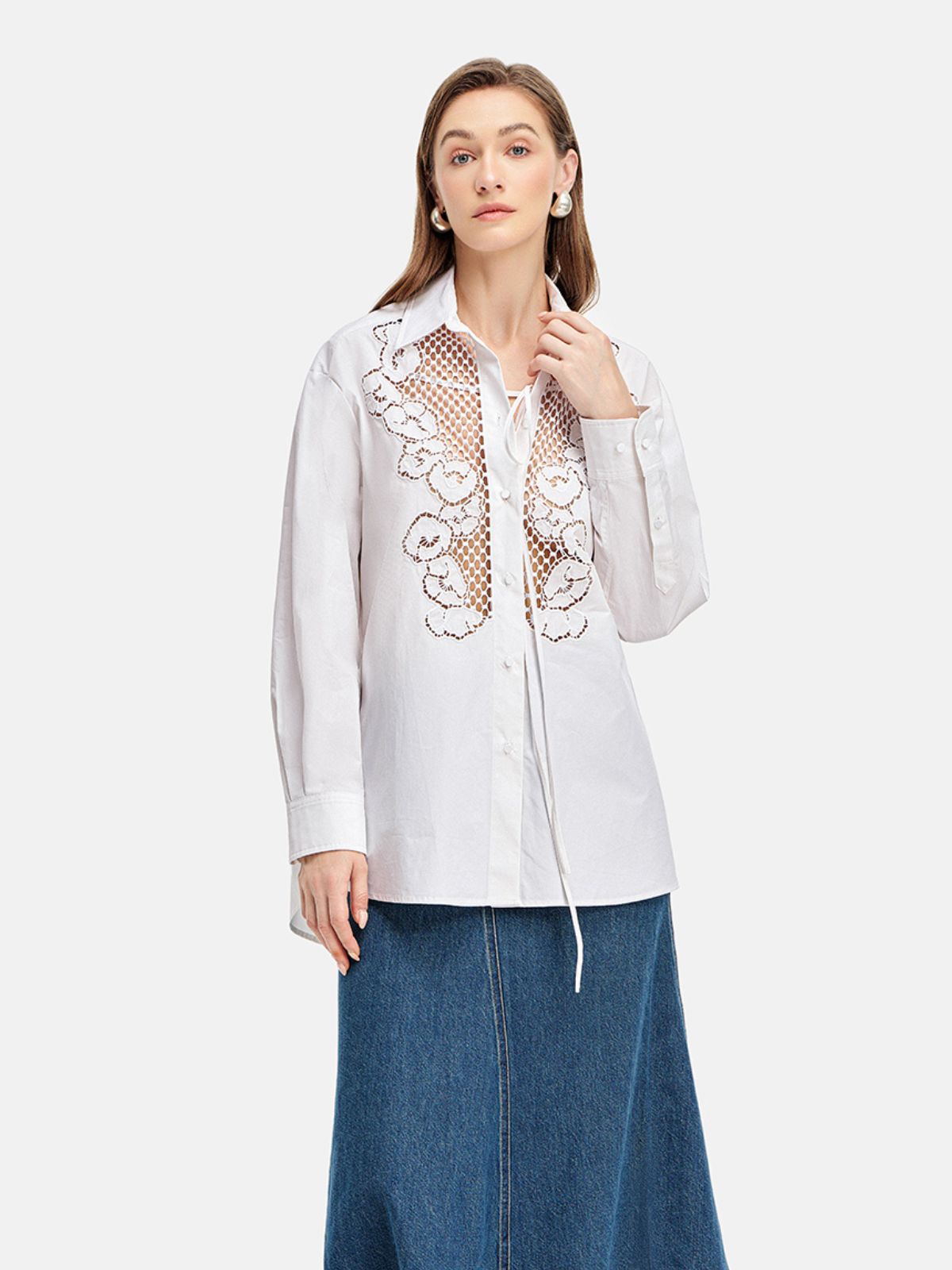 Lace-Embroidered Cutout Shirt