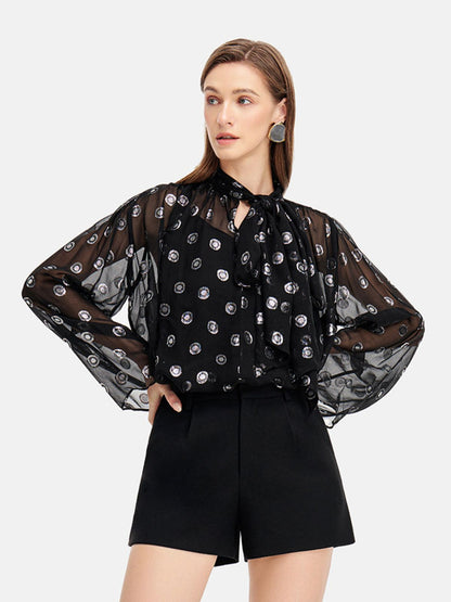 Polka Dot Chiffon Tie Blouse