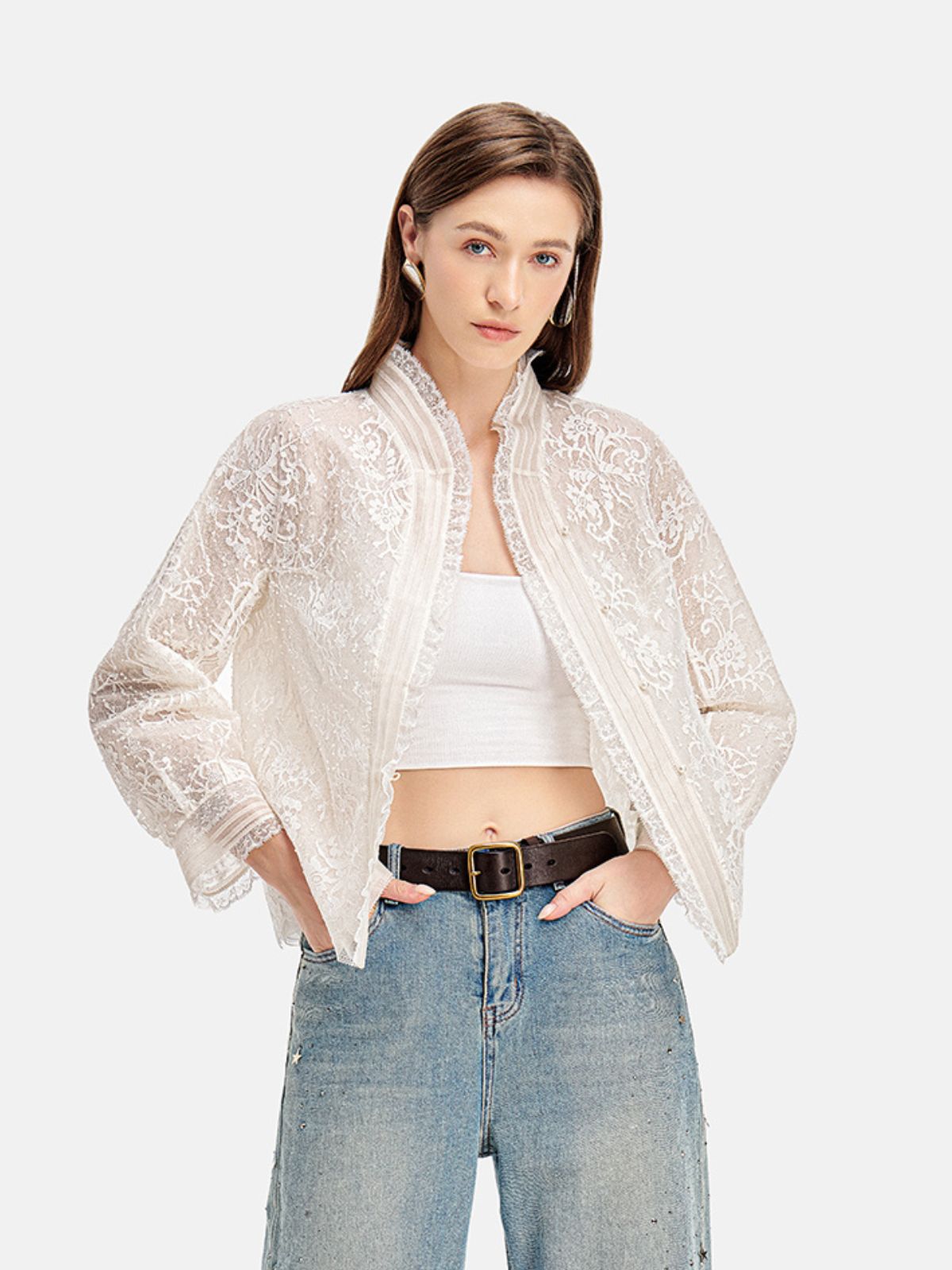 Silk Lace-Trim Mandarin Jacket