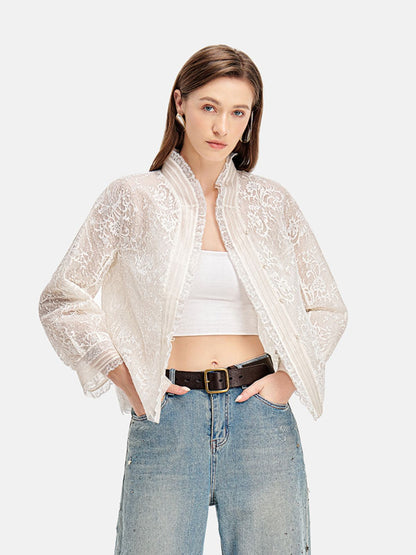 Silk Lace-Trim Mandarin Jacket