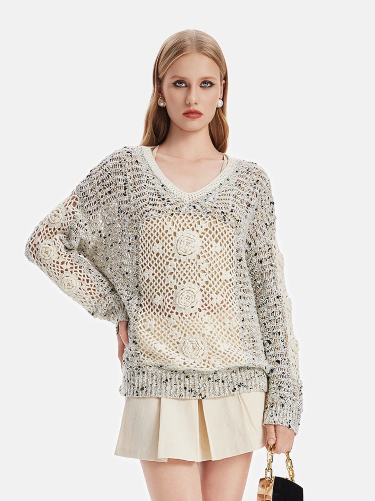 Cashmere Knit Rose Pattern Pullover