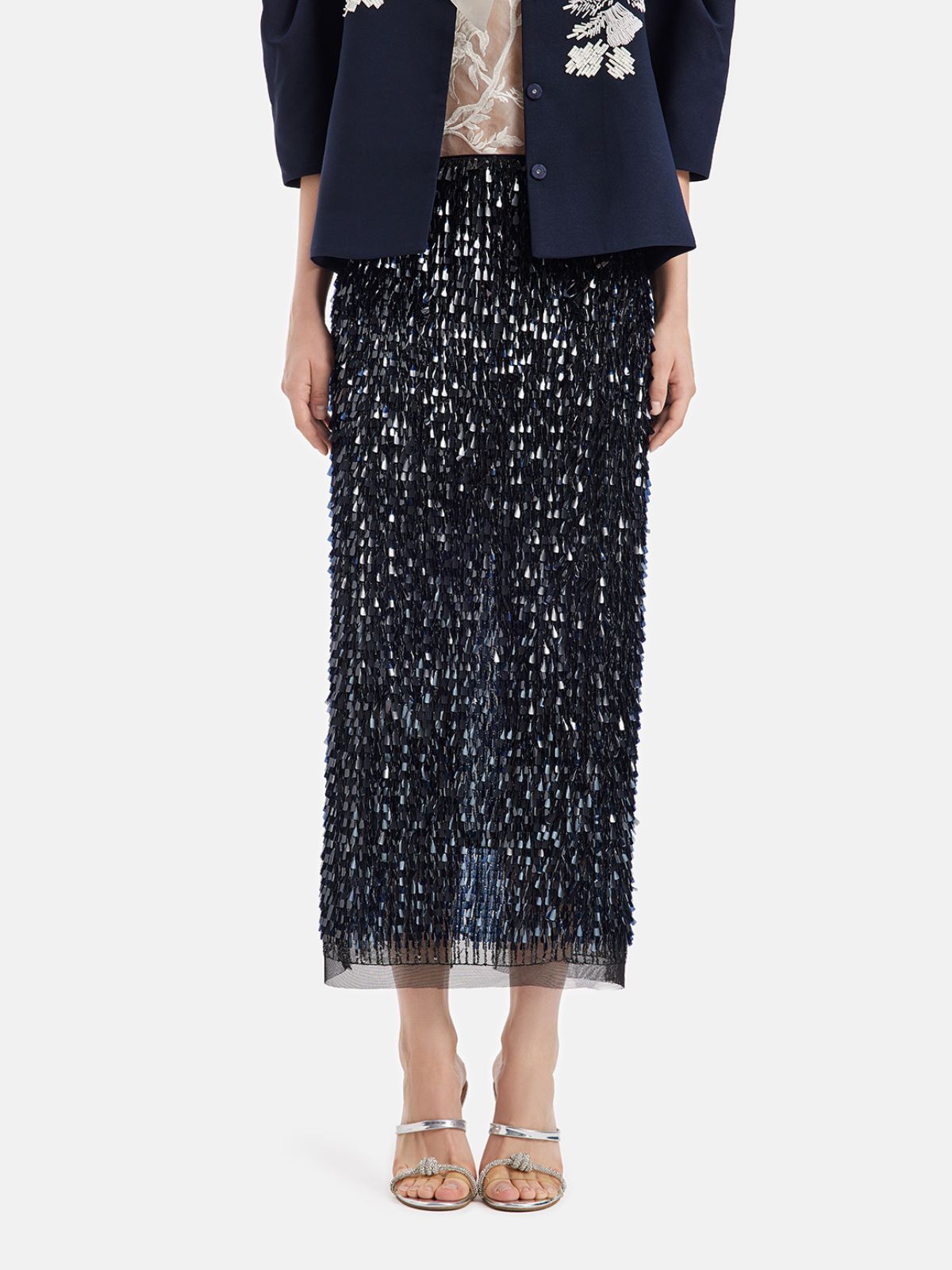 Layered Sequin Slit Midi Skirt