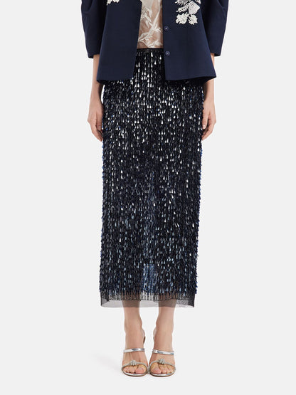 Layered Sequin Slit Midi Skirt