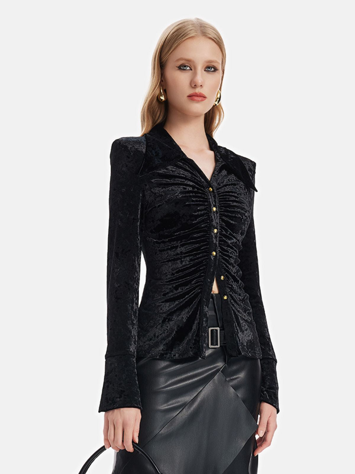 Gold Velvet Ruched Shoulder Pad Shirt