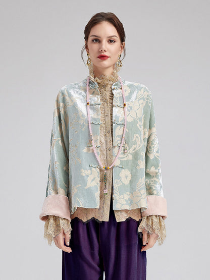 Neo Chinese Style Velvet Floral Jacket（Includes Necklace）