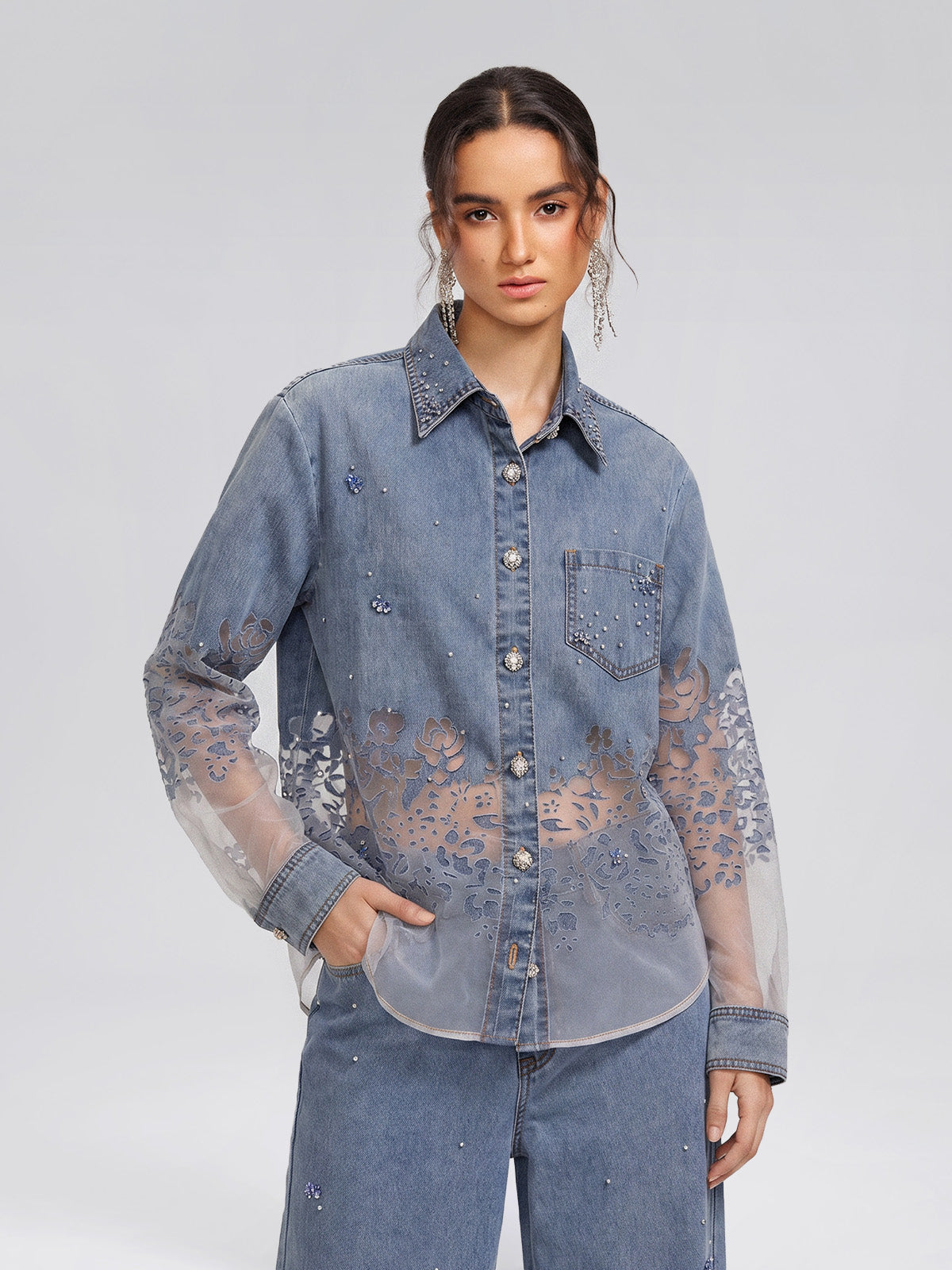 Denim Burnout Mesh Panel Rhinestone Loose Shirt