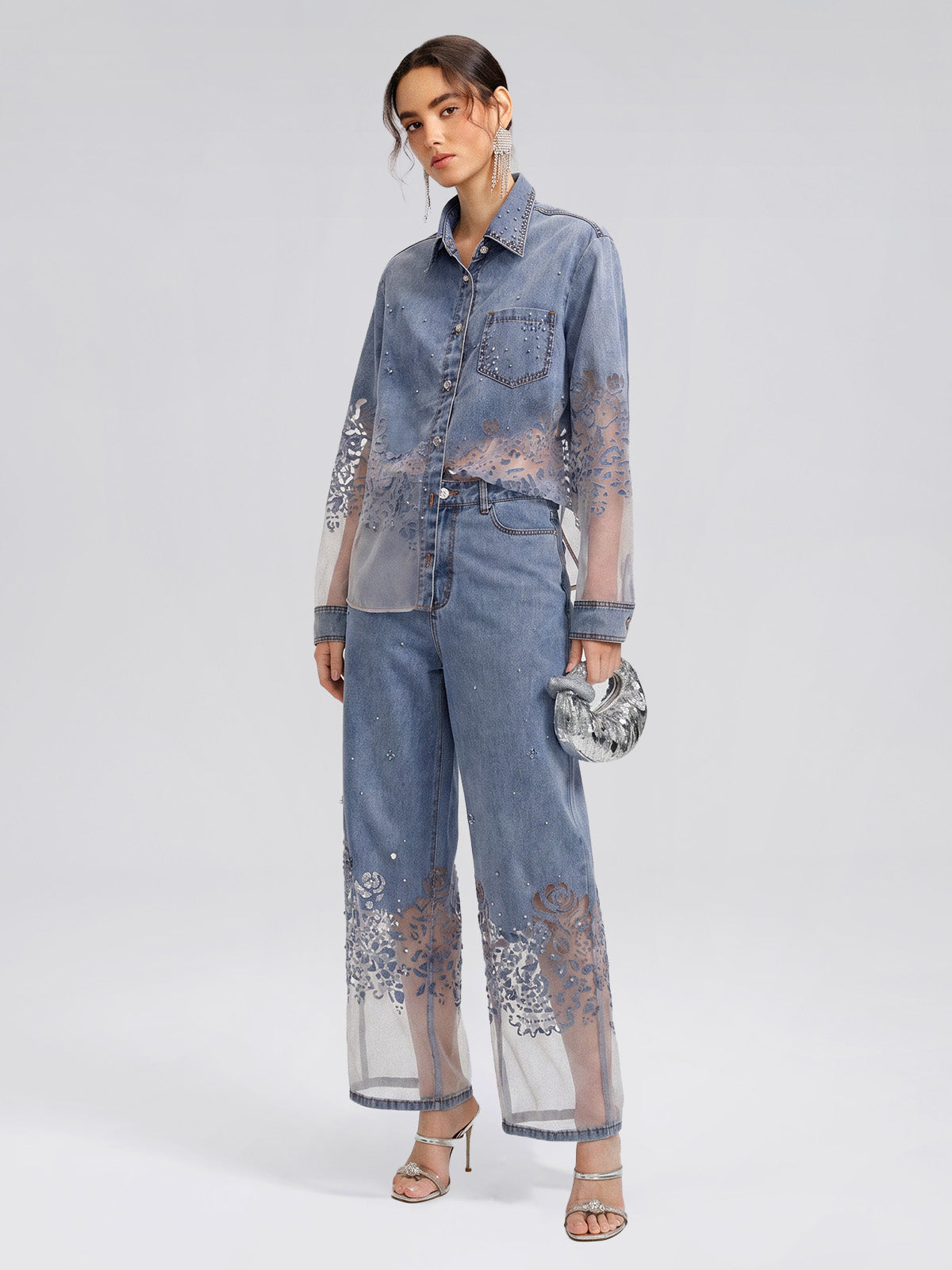 Denim Burnout Mesh Panel Rhinestone Loose Shirt