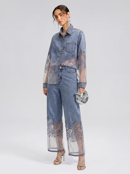 Denim Burnout Mesh Panel Rhinestone Loose Shirt