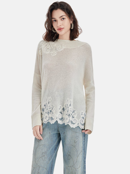 Lace-Trimmed Boat Neck Sweater