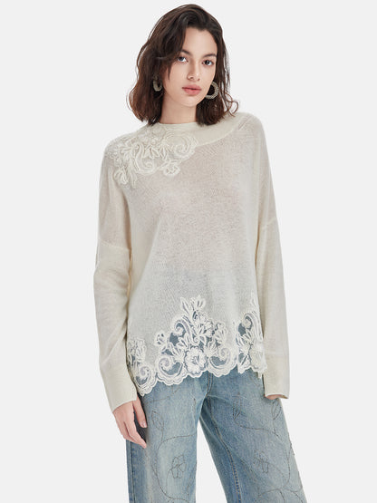 Lace-Trimmed Boat Neck Sweater