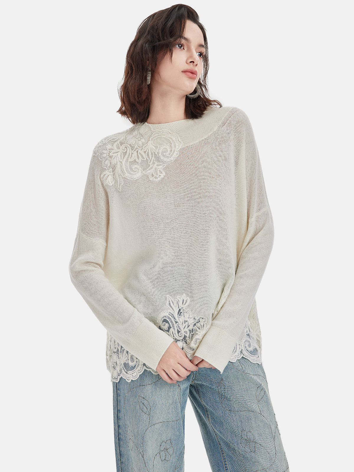 Lace-Trimmed Boat Neck Sweater