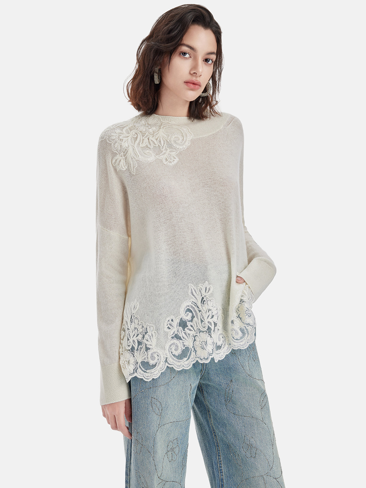 Lace-Trimmed Boat Neck Sweater