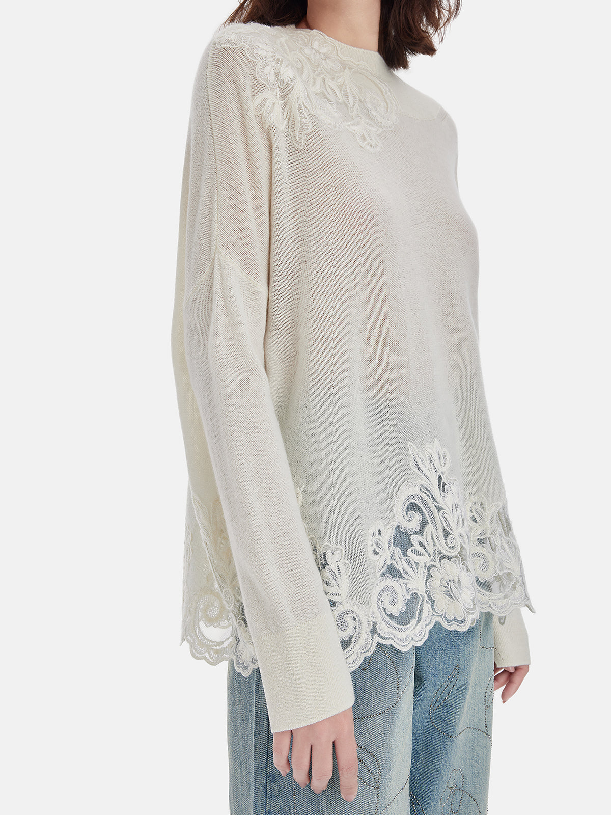 Lace-Trimmed Boat Neck Sweater