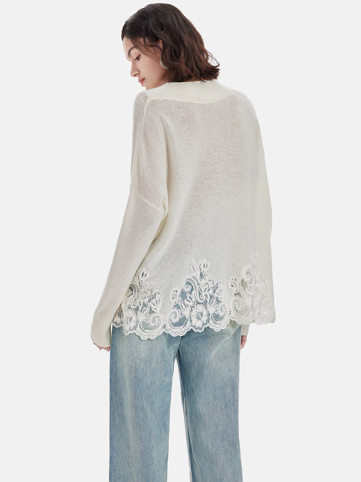 Lace-Trimmed Boat Neck Sweater